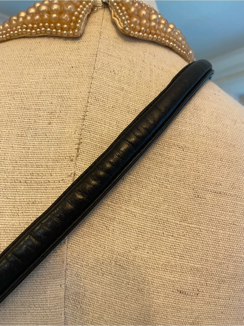 Vintage Black Leather Belt Strap with Gold-Tone Ring